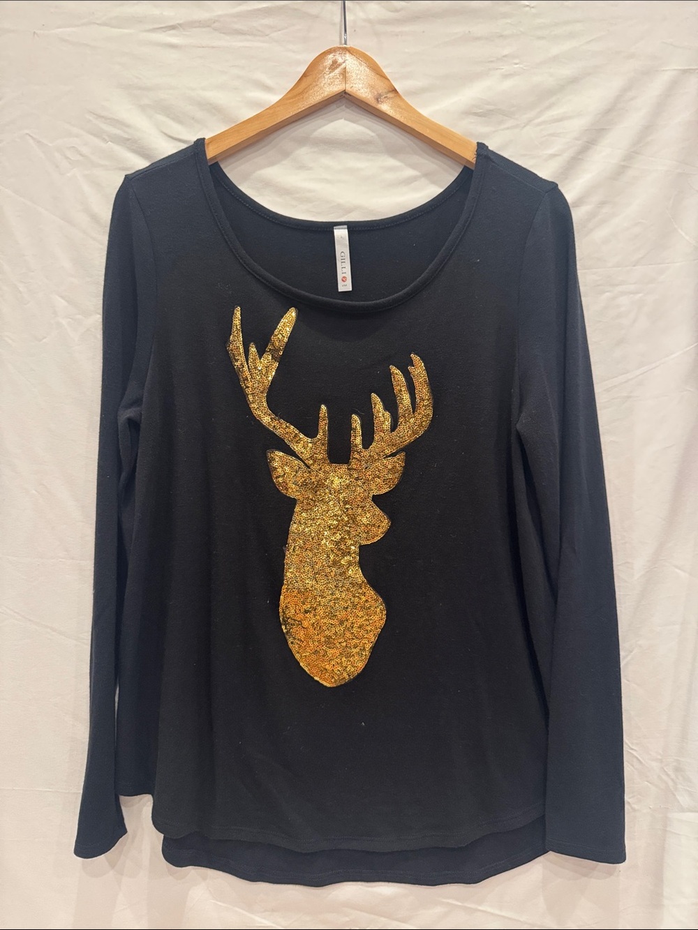 Black Sequin Gold Deer Sweater, Size Large